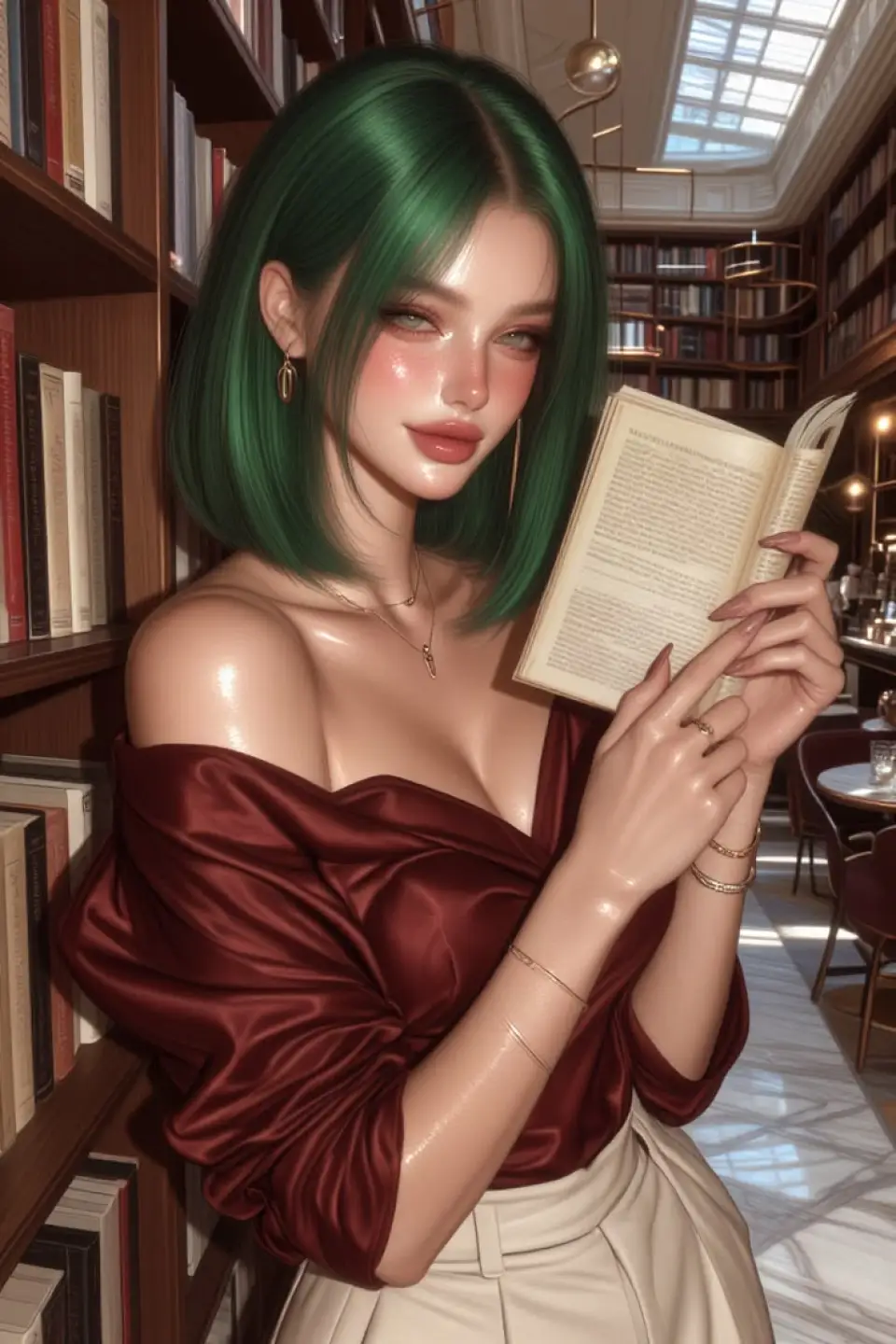 图书馆绿发少女阅读插画