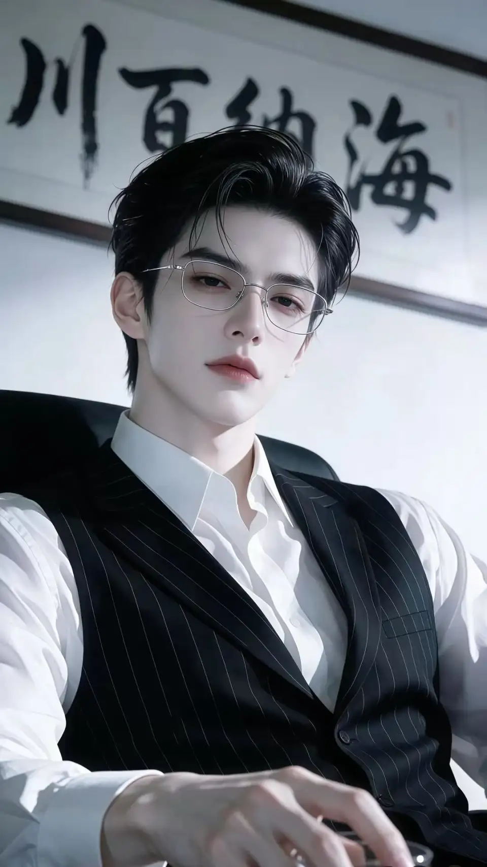 黑衣眼镜男性与书法背景