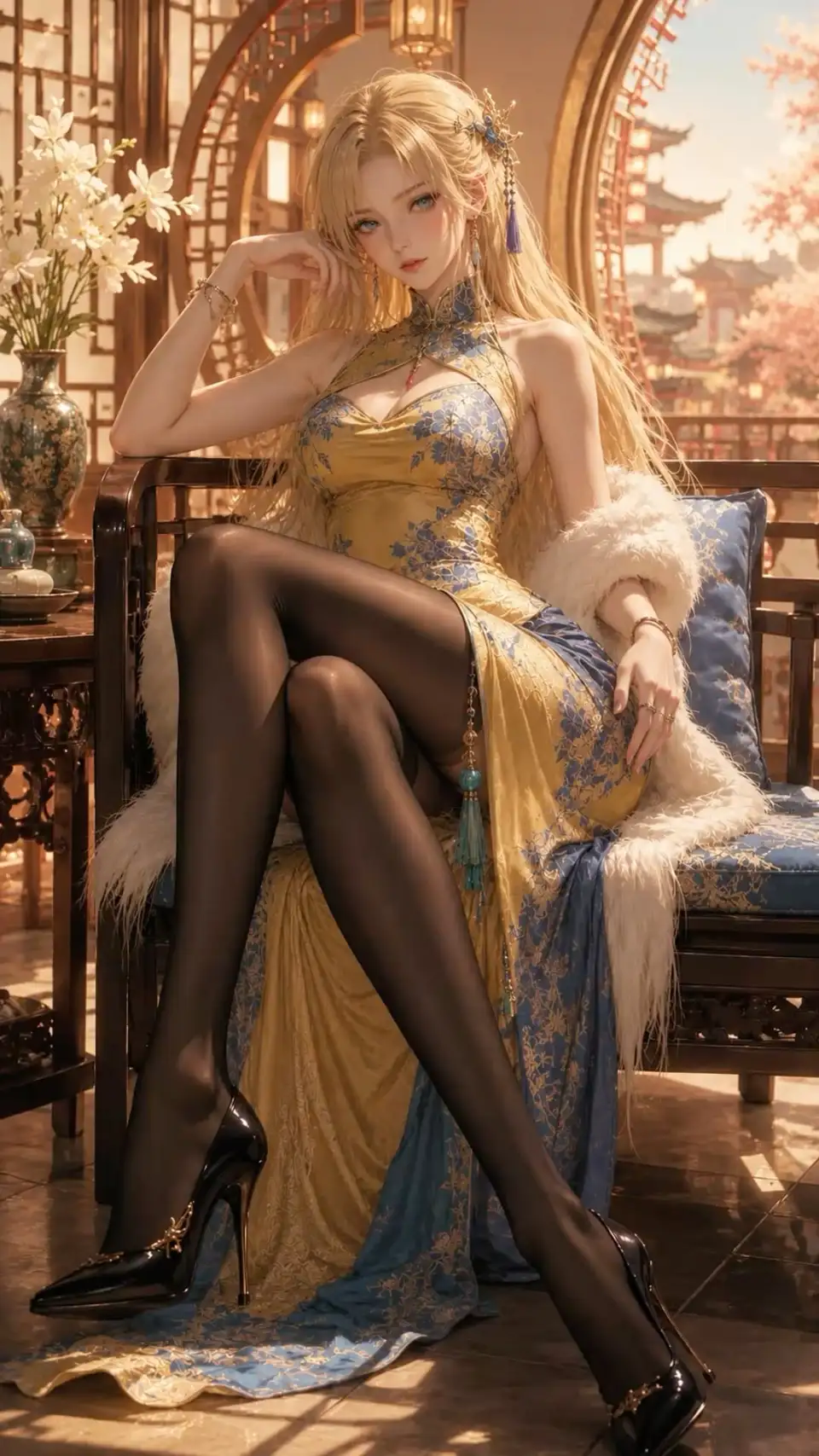 金发蓝裙古风仕女