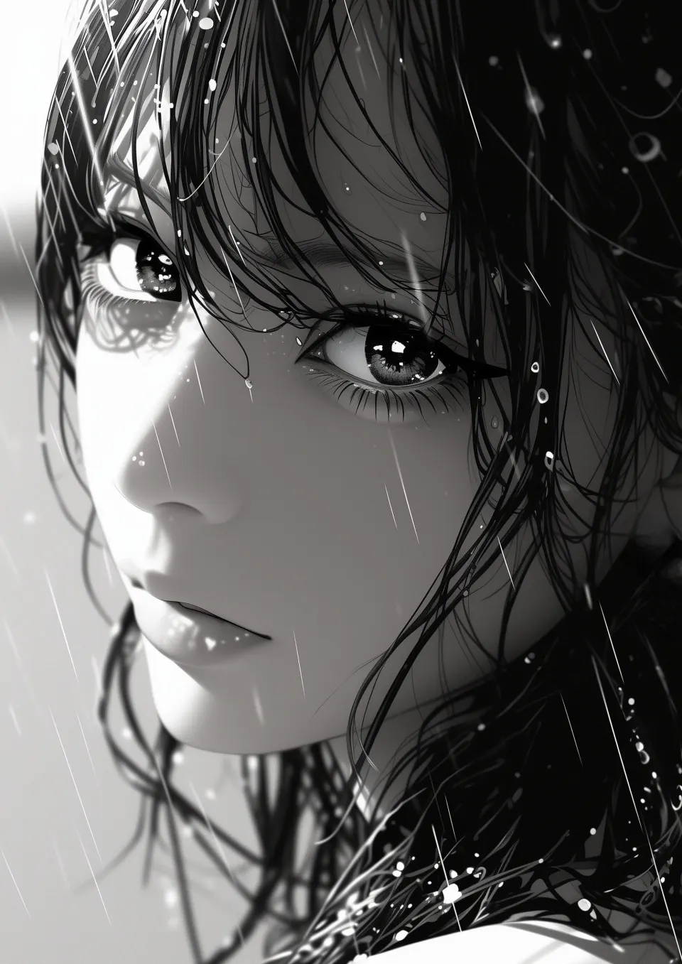 雨中凝视：黑白动漫少女特写