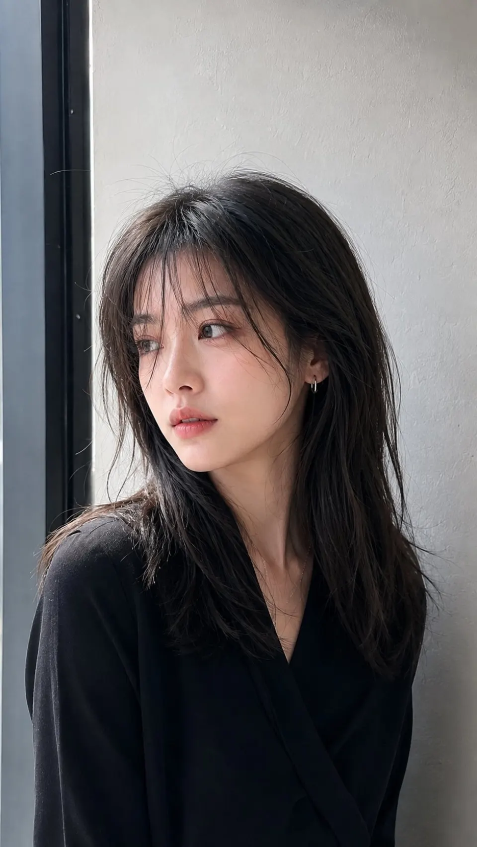 窗边黑衣女子人像