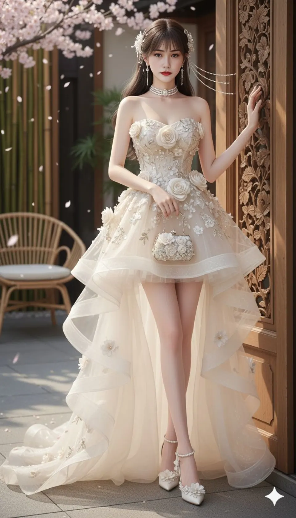 樱花庭院中的立体花朵礼服少女