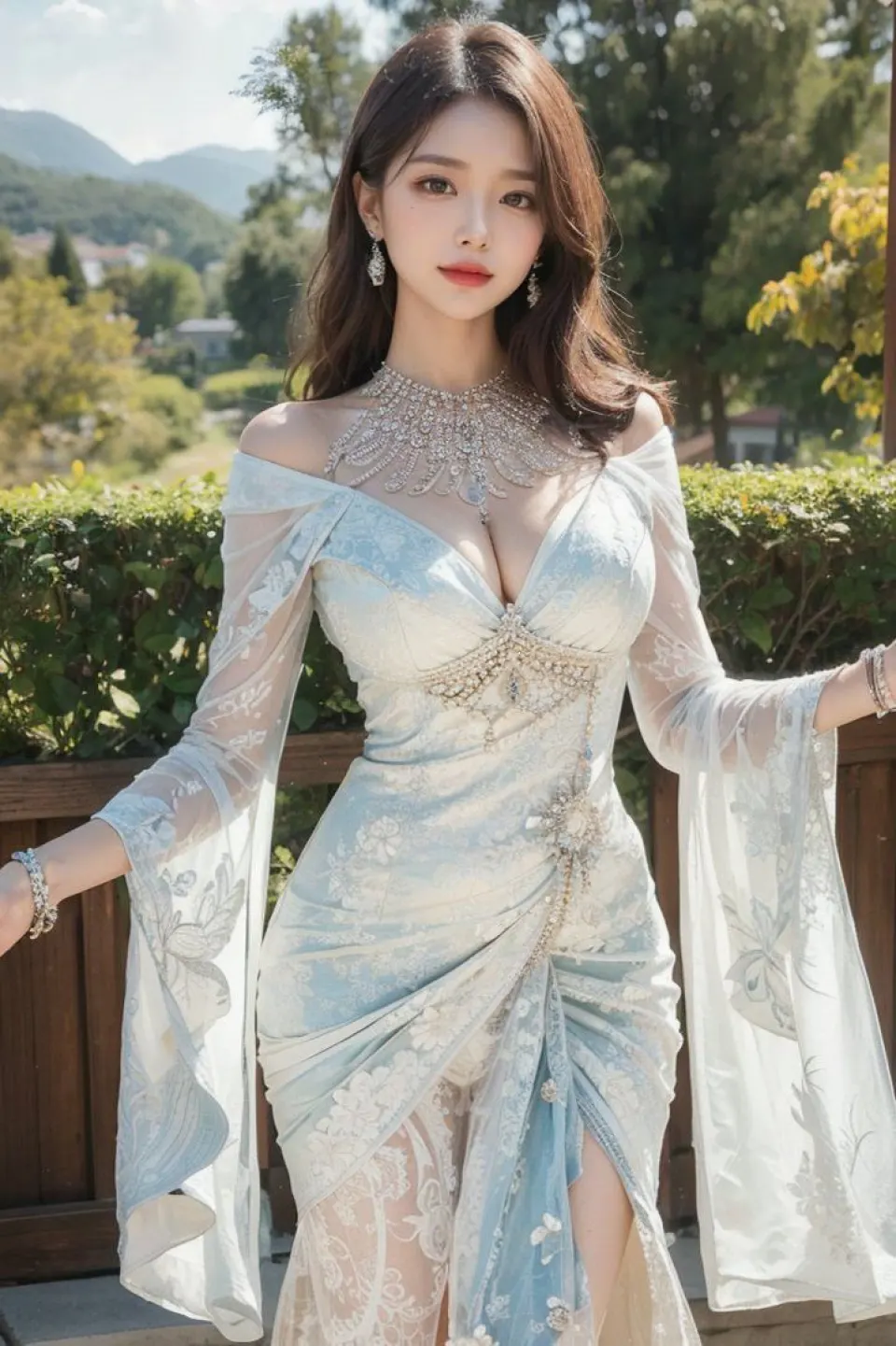 浅蓝蕾丝礼服户外人像