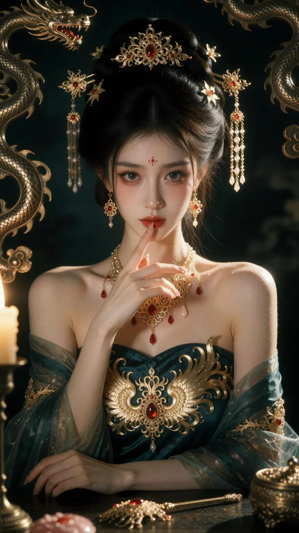 金龙纹饰映衬的东方宫廷女子