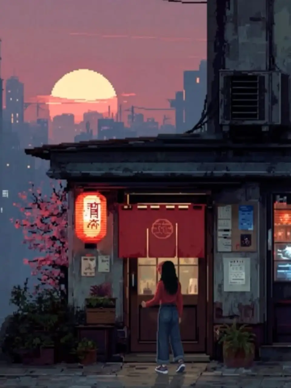 像素场景插画：日式小店门口的背影女性