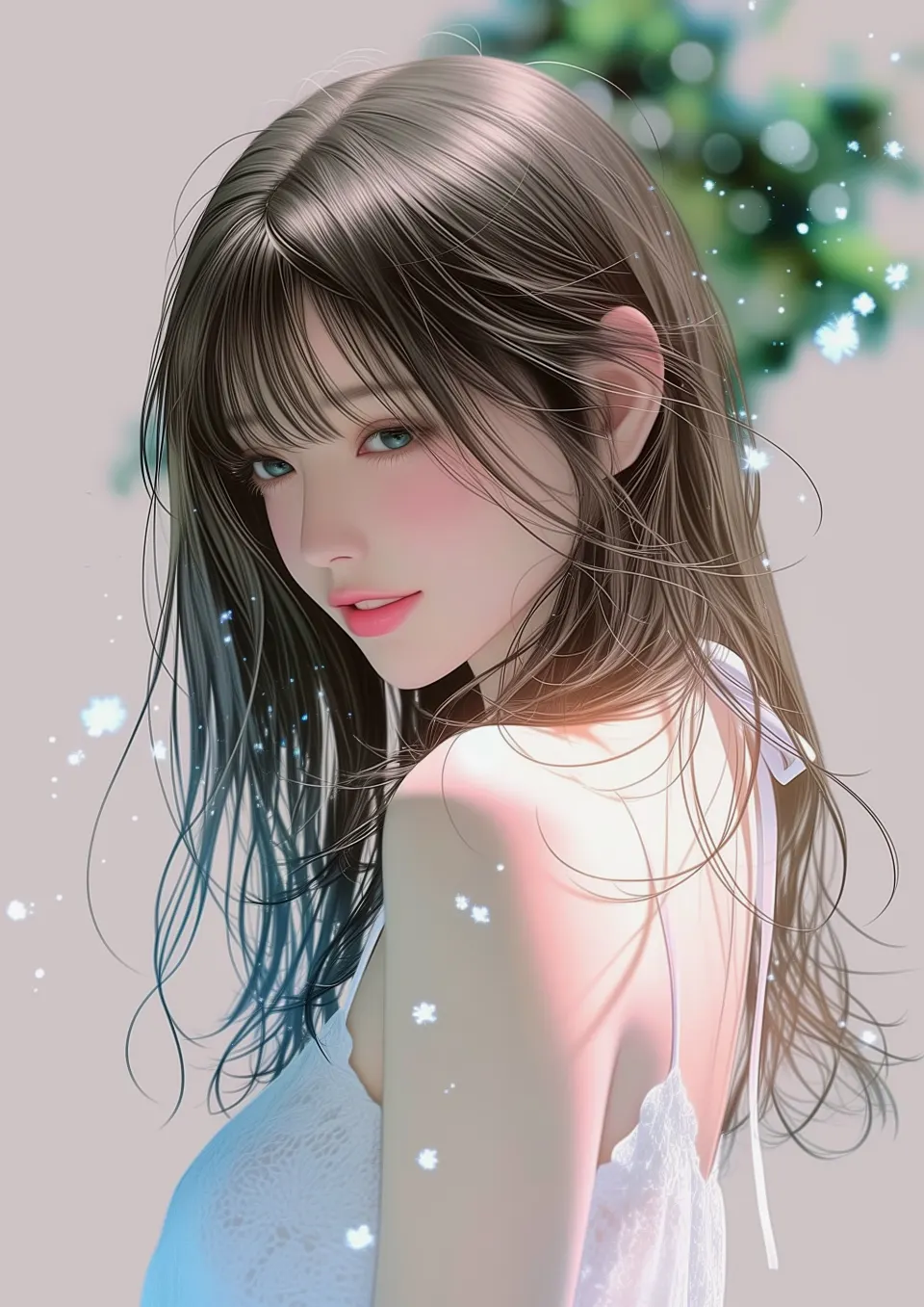 微光雪景中的回眸少女
