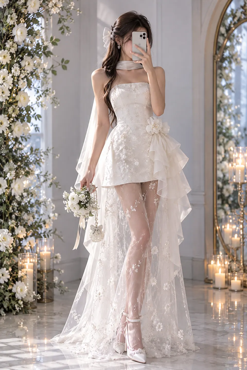 婚纱时尚人像：镜前自拍的白色短婚纱女性