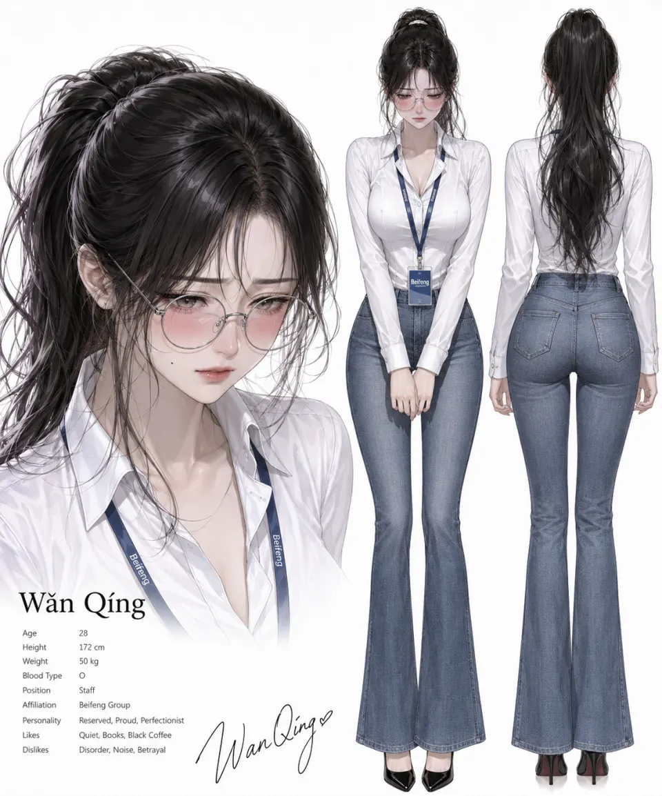婉清角色设定图：白衬衫与牛仔裤职场女性