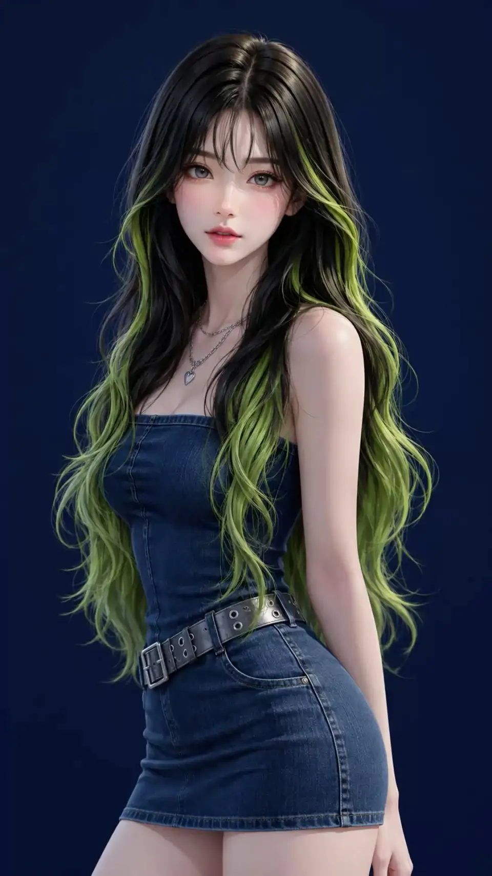 深蓝背景中的绿色挑染女性