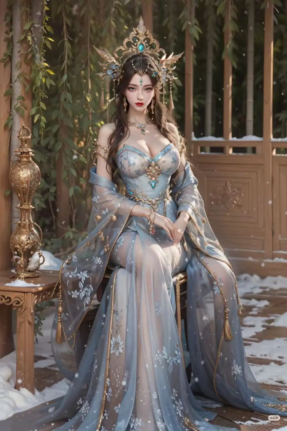 雪竹庭中蓝纱古风仕女