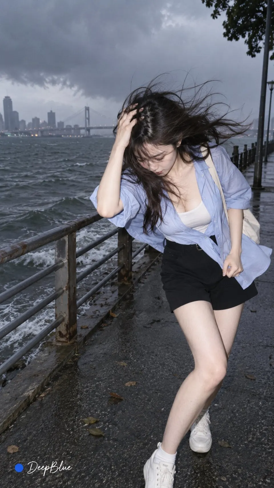 风雨海滨栈道上的蓝色衬衫肖像