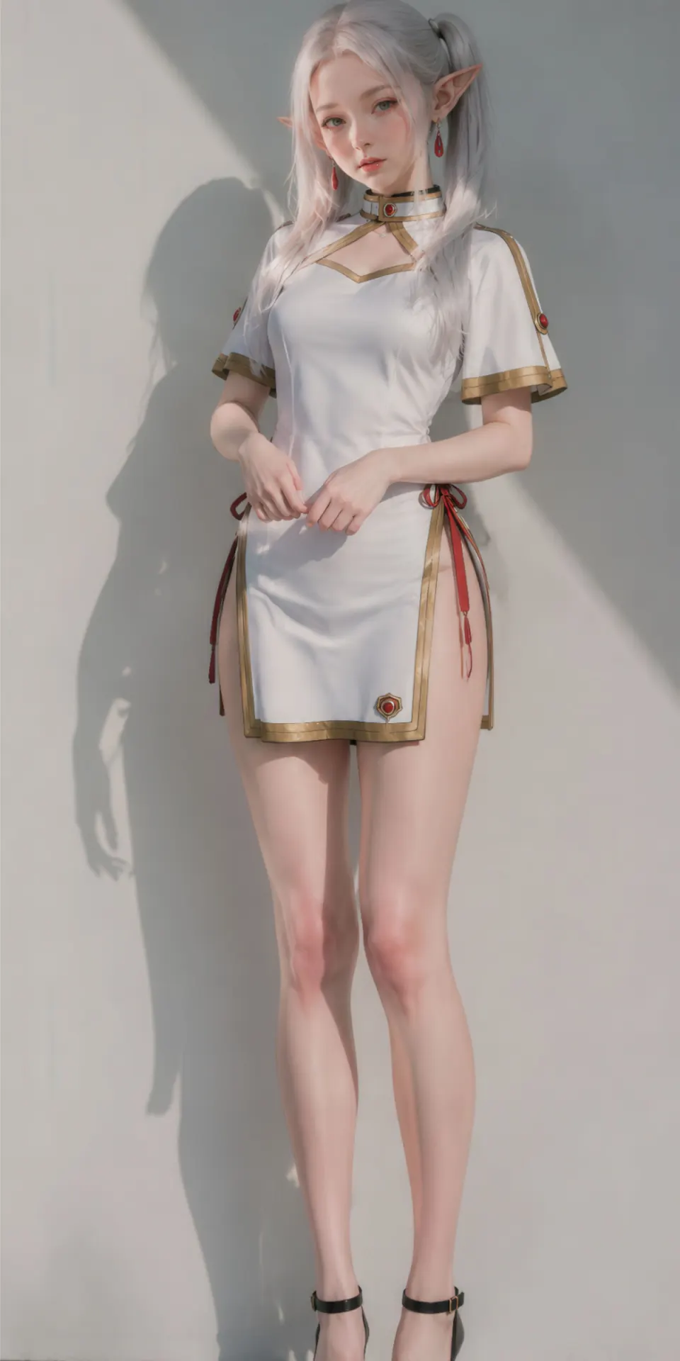 白墙光影中的精灵女性