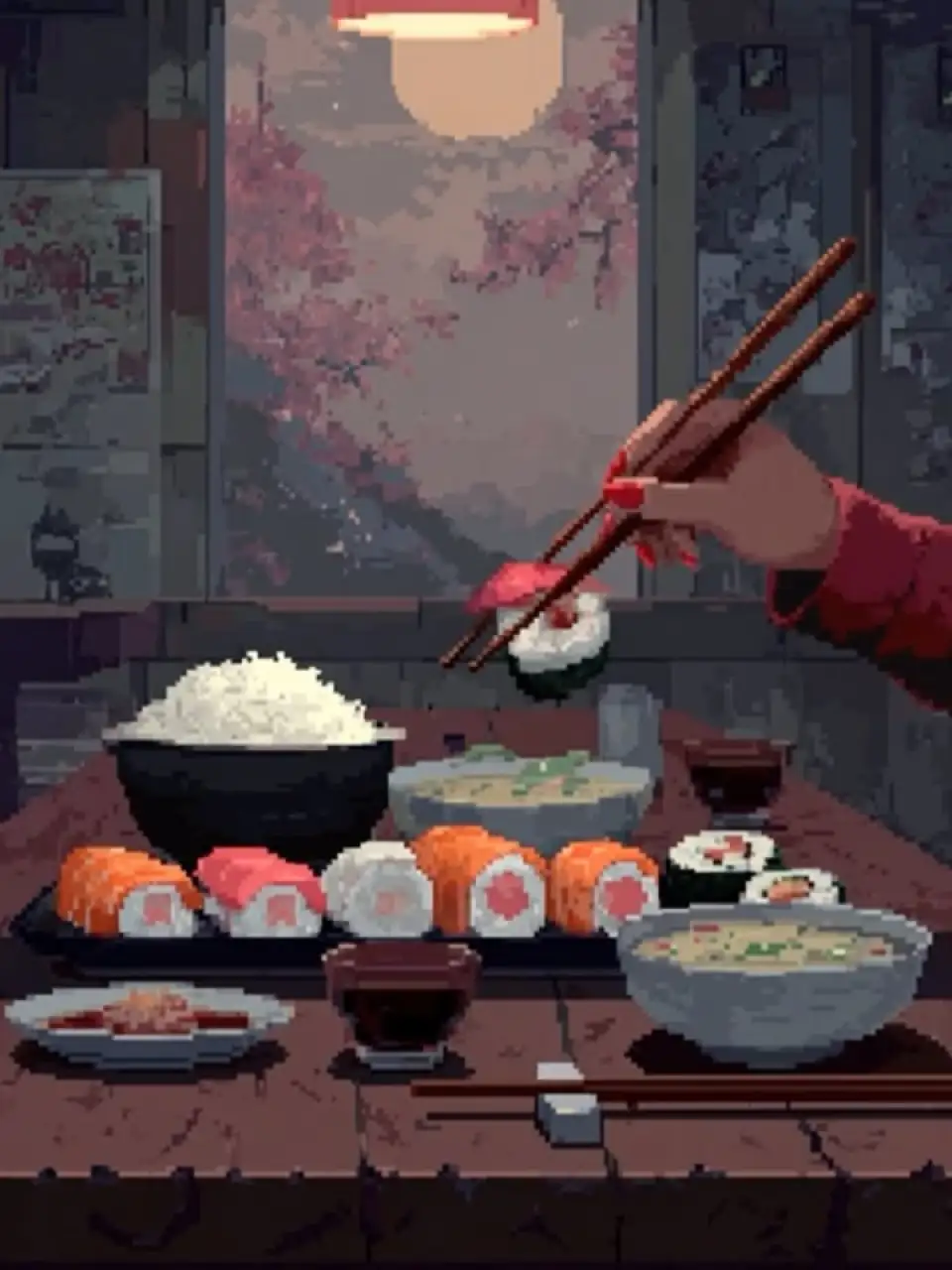 像素美食插画：日式餐桌上的寿司