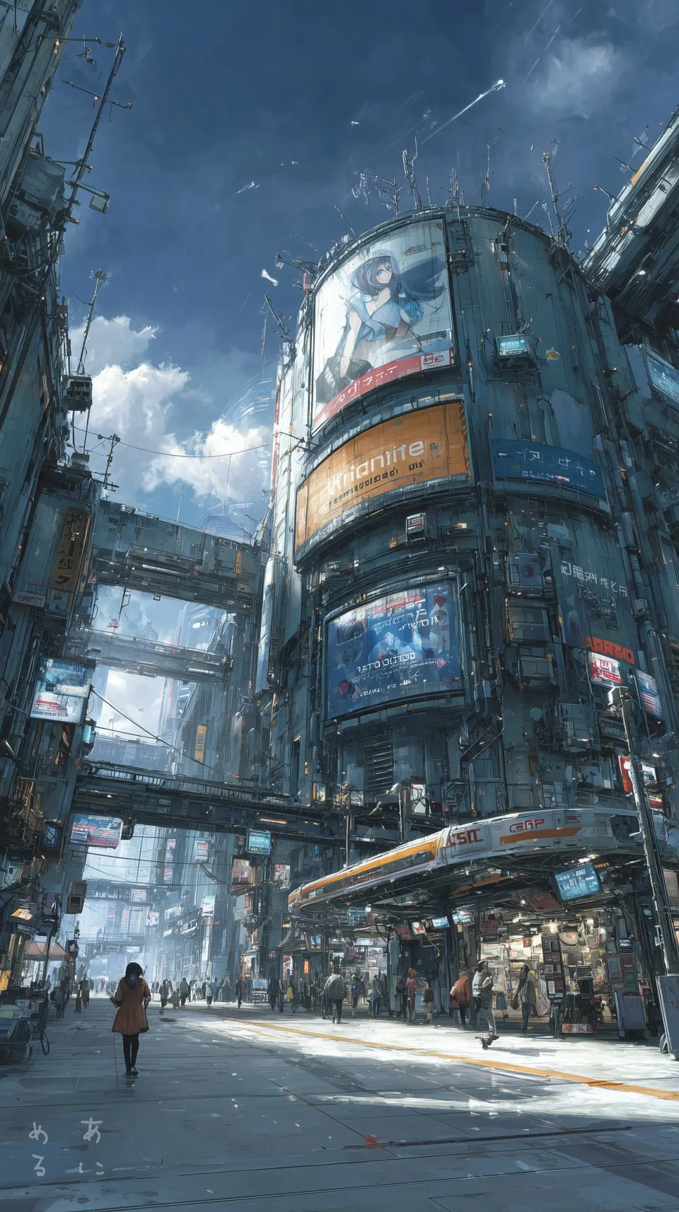 赛博朋克都市街景与独行少女