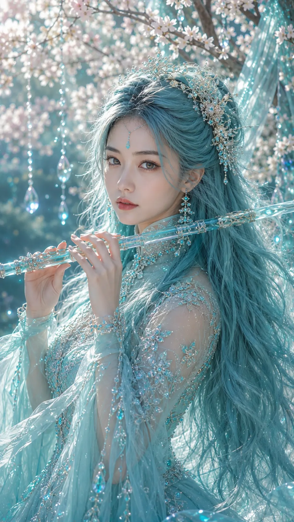 蓝发花枝间的长笛女性