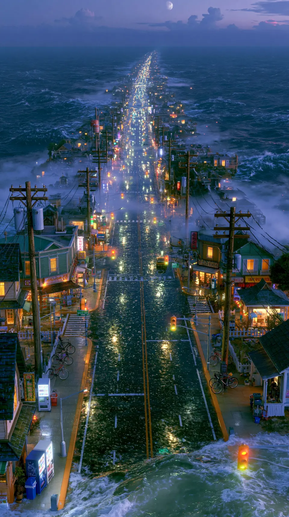 月夜淹没的沿海街道