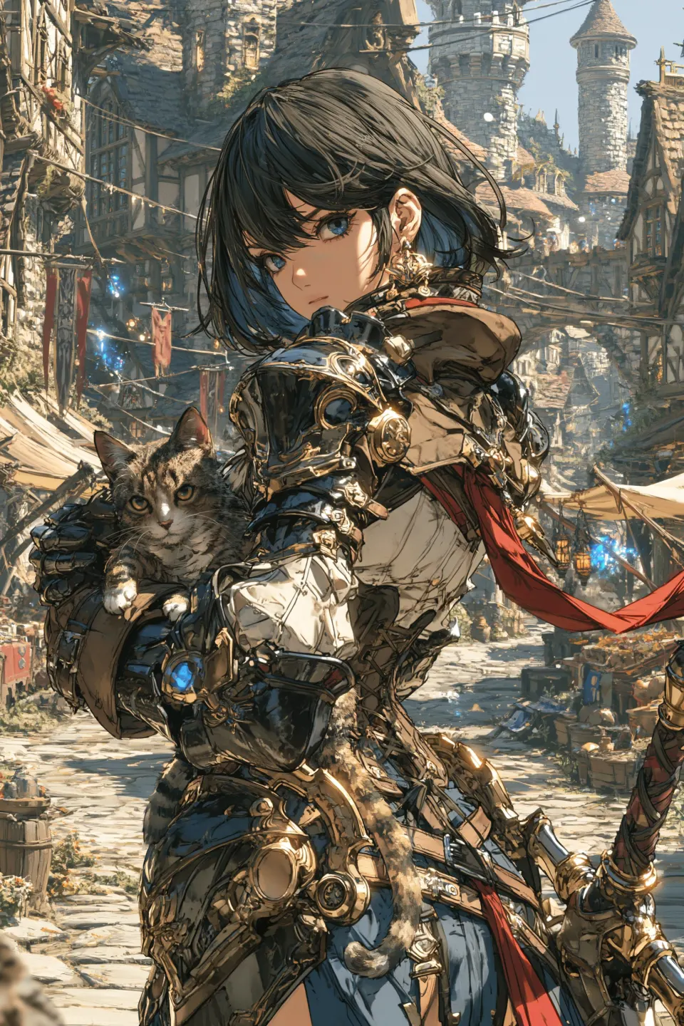 中世纪奇幻街道上的铠甲少女与猫