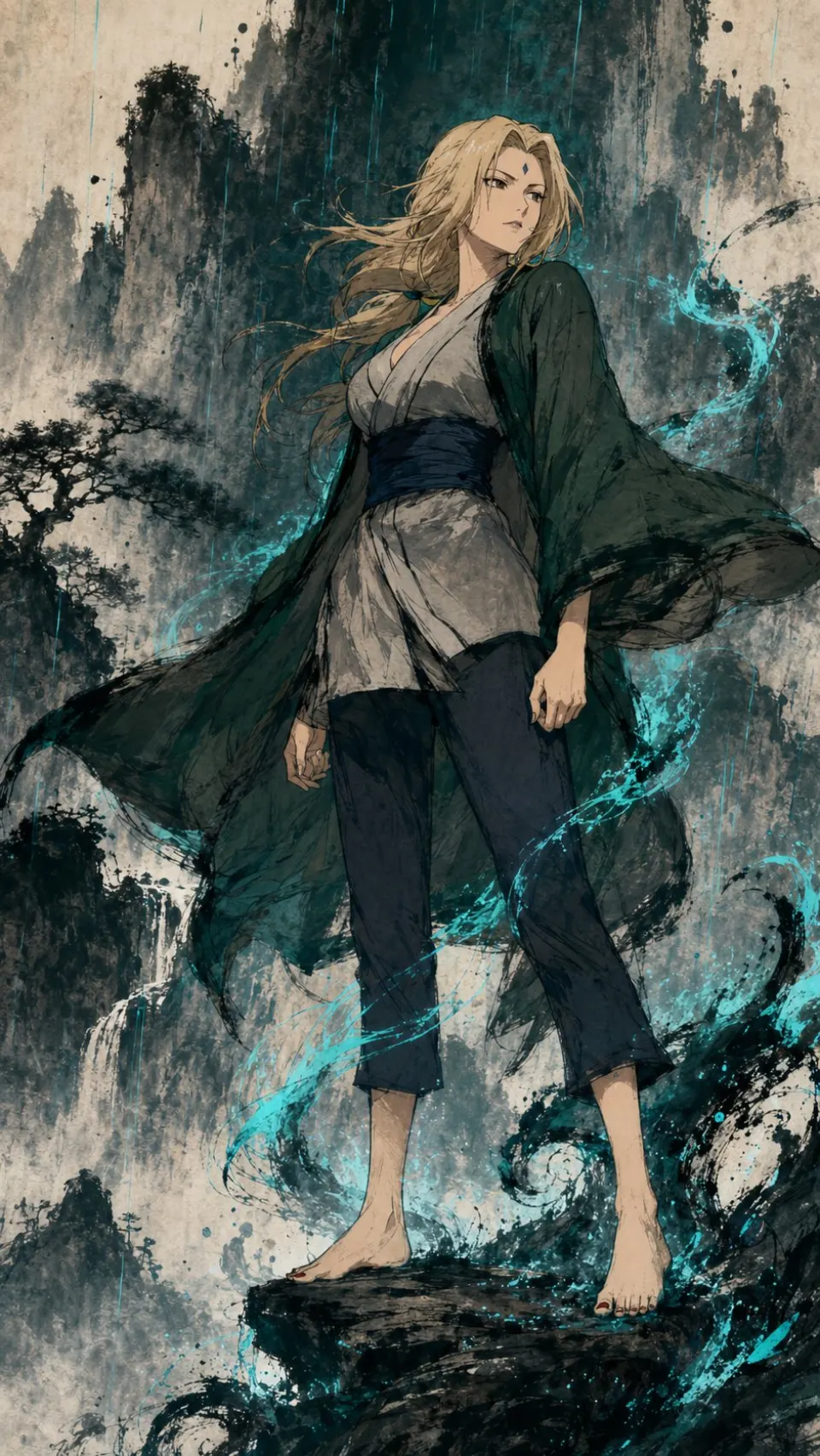 水墨雨境中的金发侠女