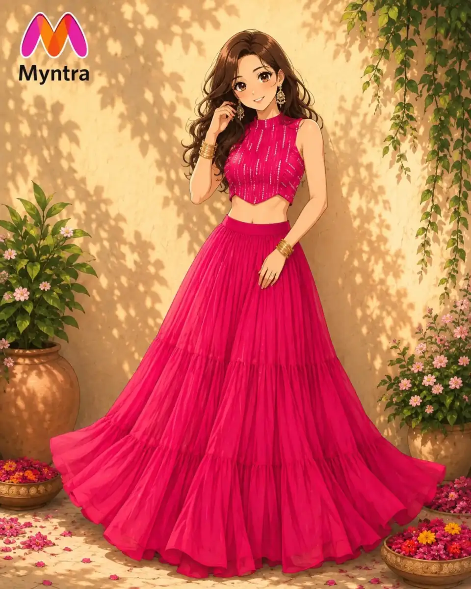 粉色亮片 lehenga 动漫少女庭院写真