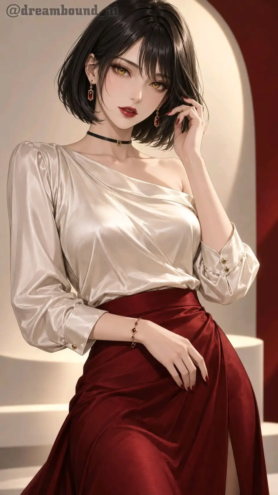 女性时尚肖像与穿搭：短黑发、白色缎面上衣和酒红长裙的成年女性形象。