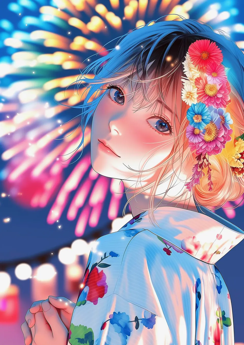 烟花下的浴衣少女