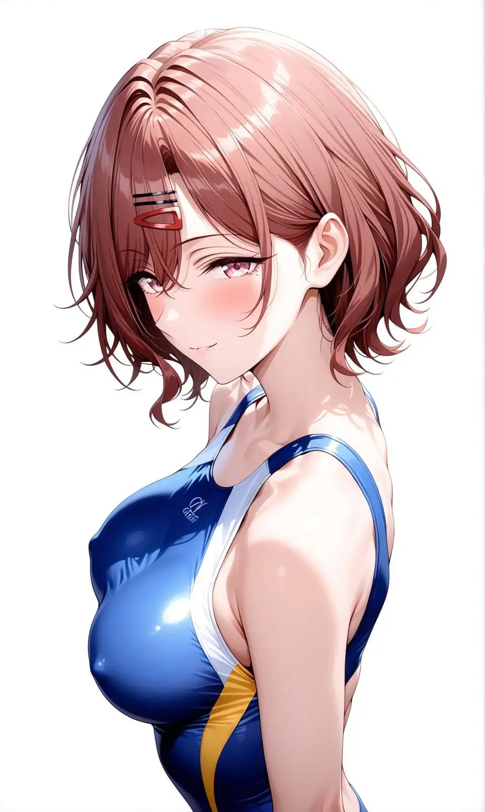 蓝白竞泳服短发少女侧影