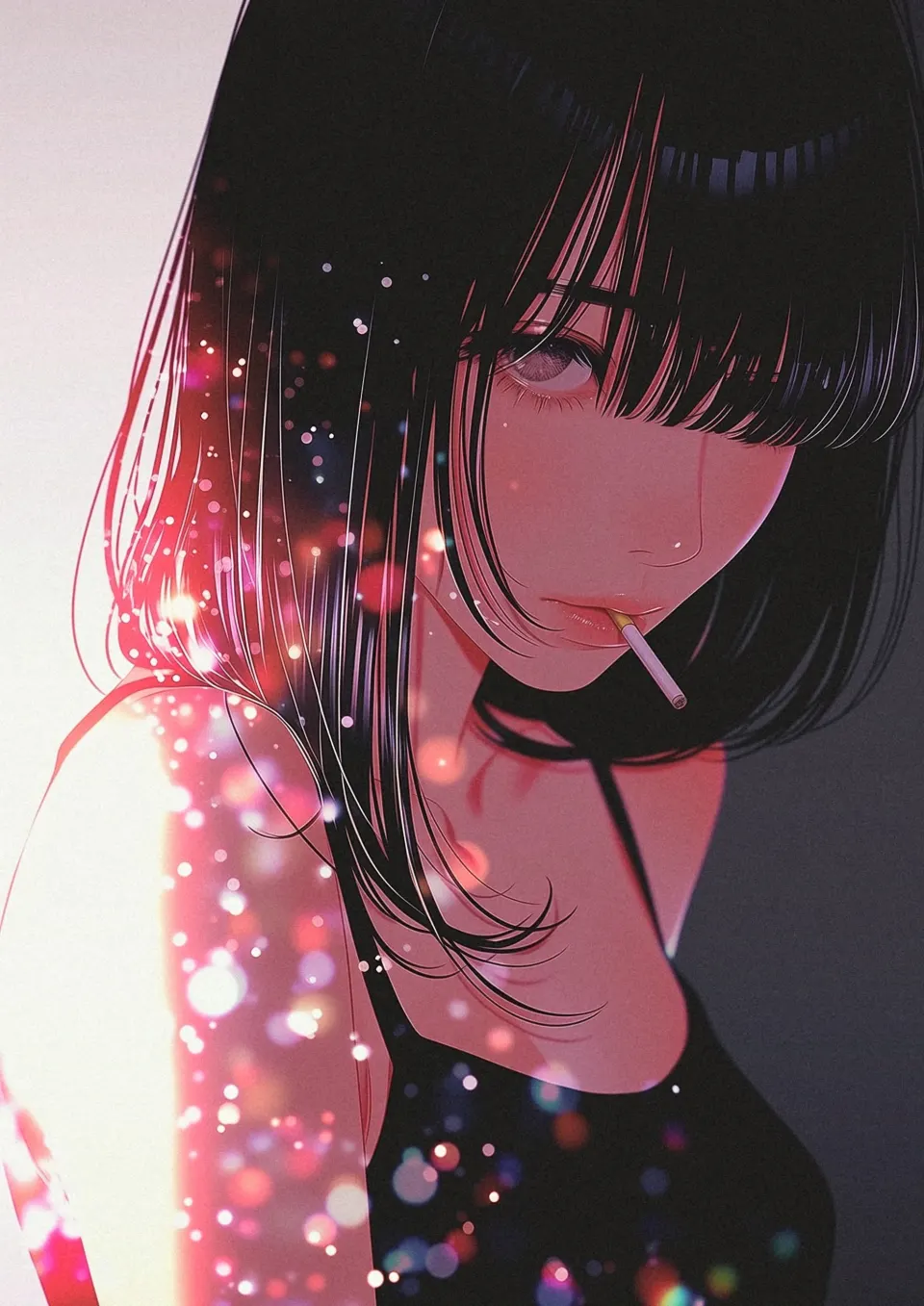 霓虹光影下的吸烟少女