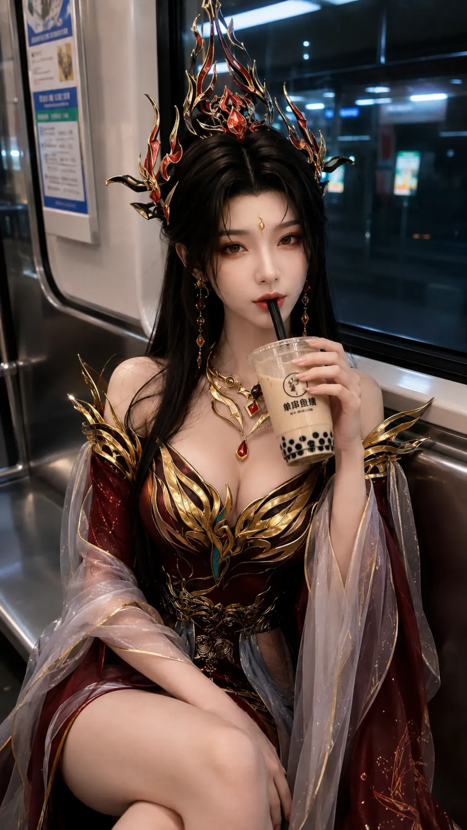 地铁车厢里的金色幻想角色