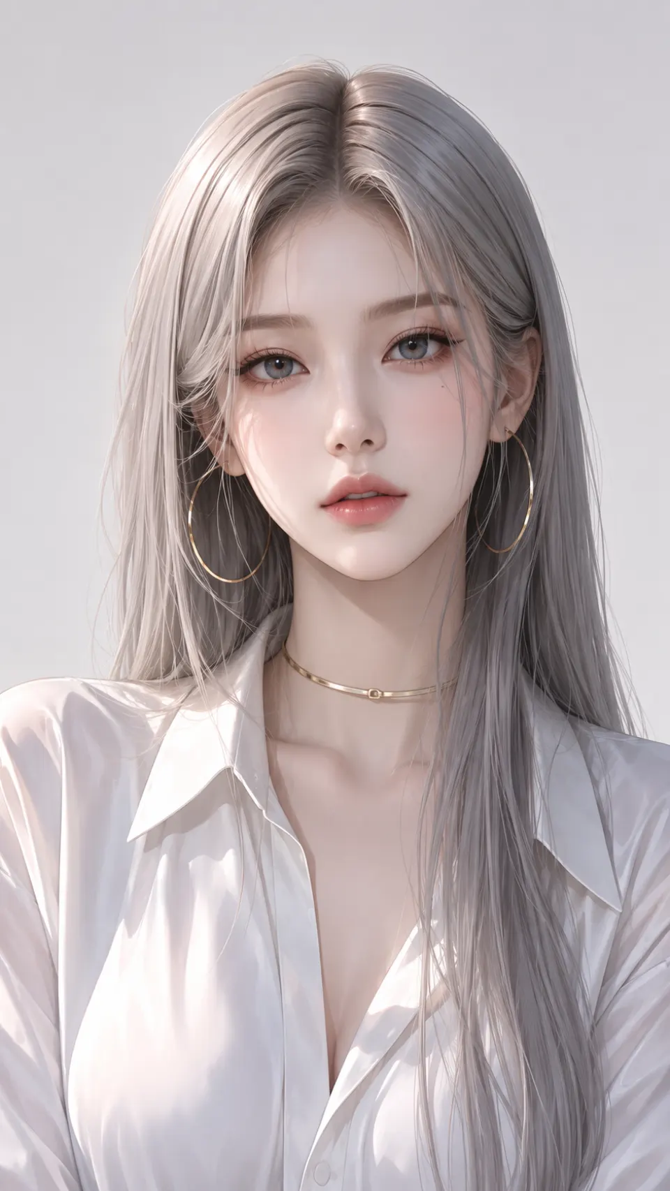 银发白衬衫少女肖像