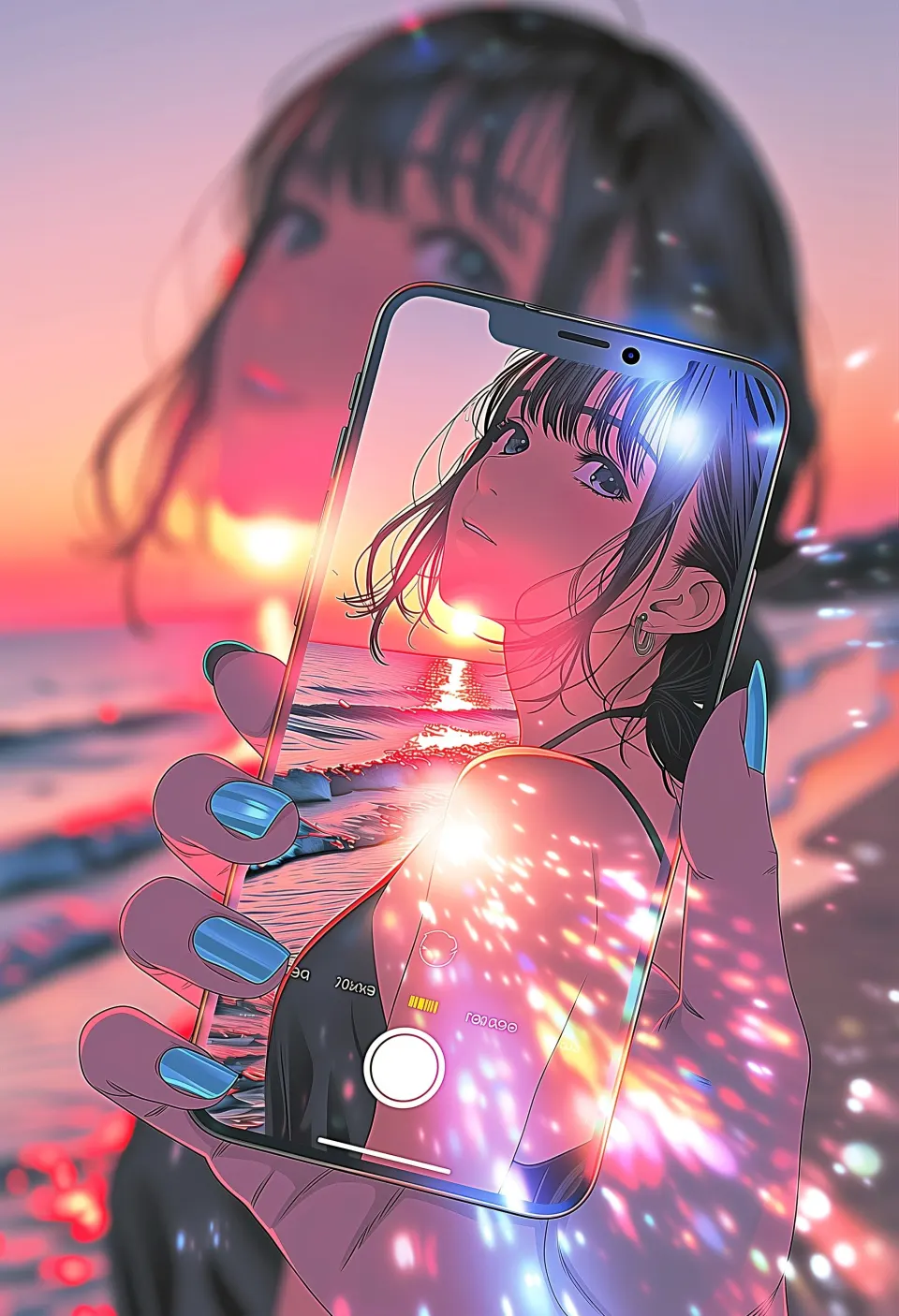 夕阳海滩手机自拍少女