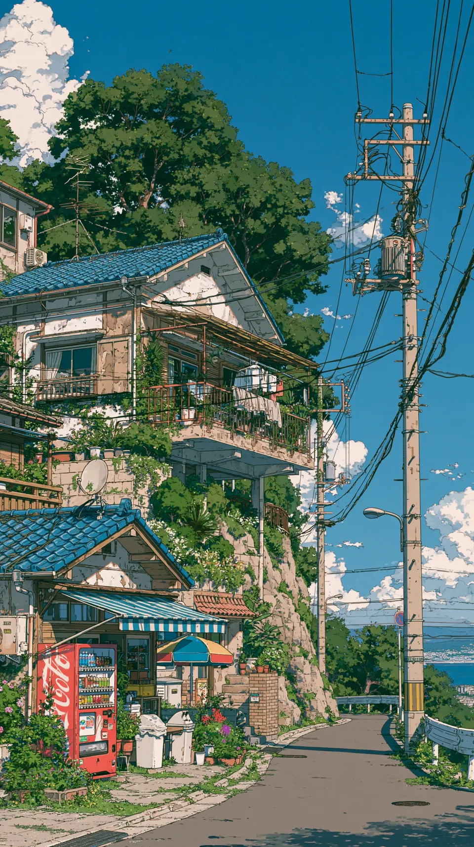 夏日山坡上的日式住宅街景