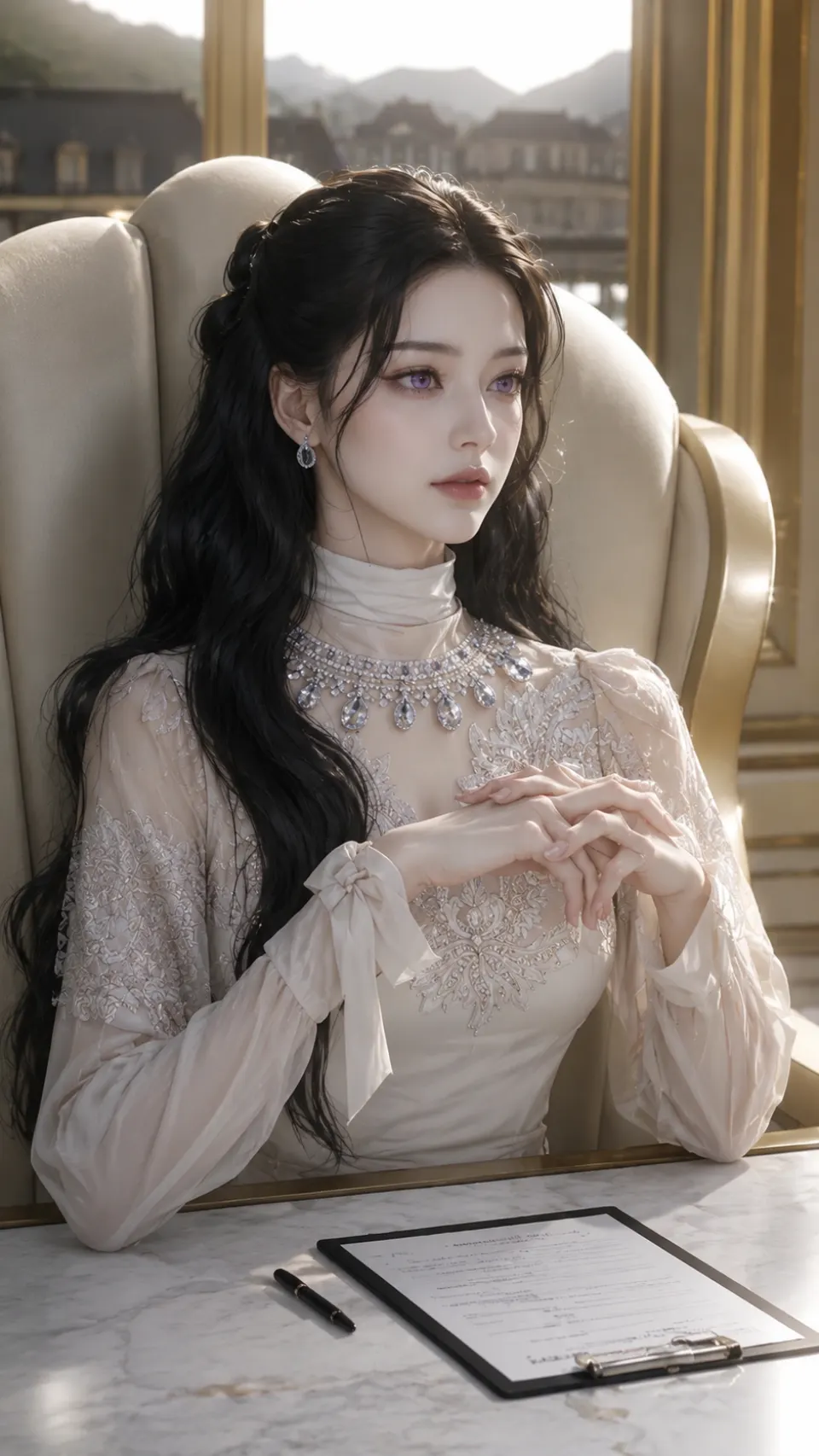 窗边签署文件的优雅女性