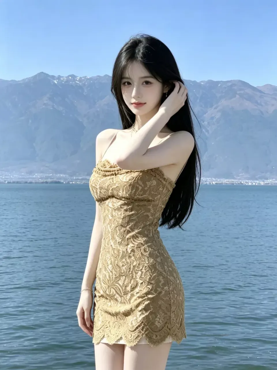 湖畔金蕾丝裙少女