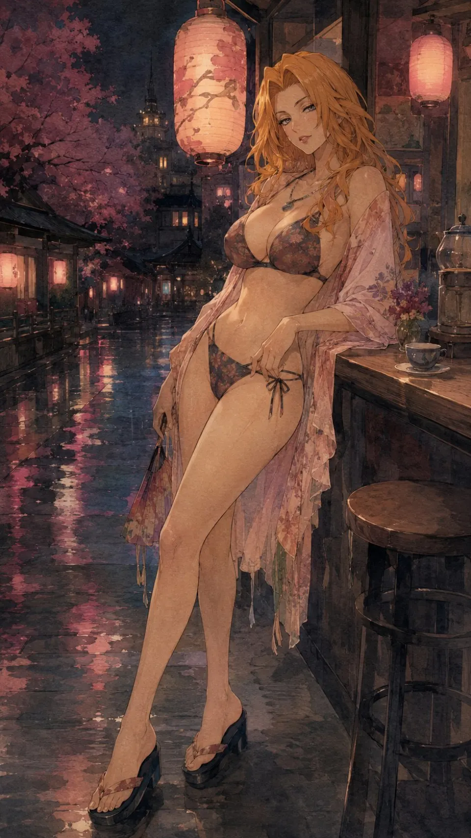 雨夜灯笼下的和风少女