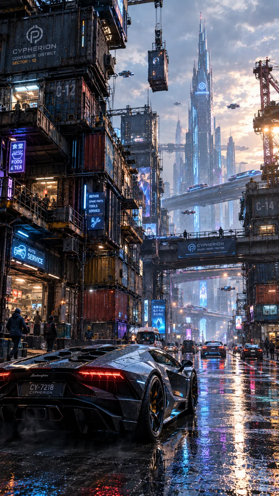 科幻与赛博朋克：雨后集装箱未来城、黑色跑车与高架交通。