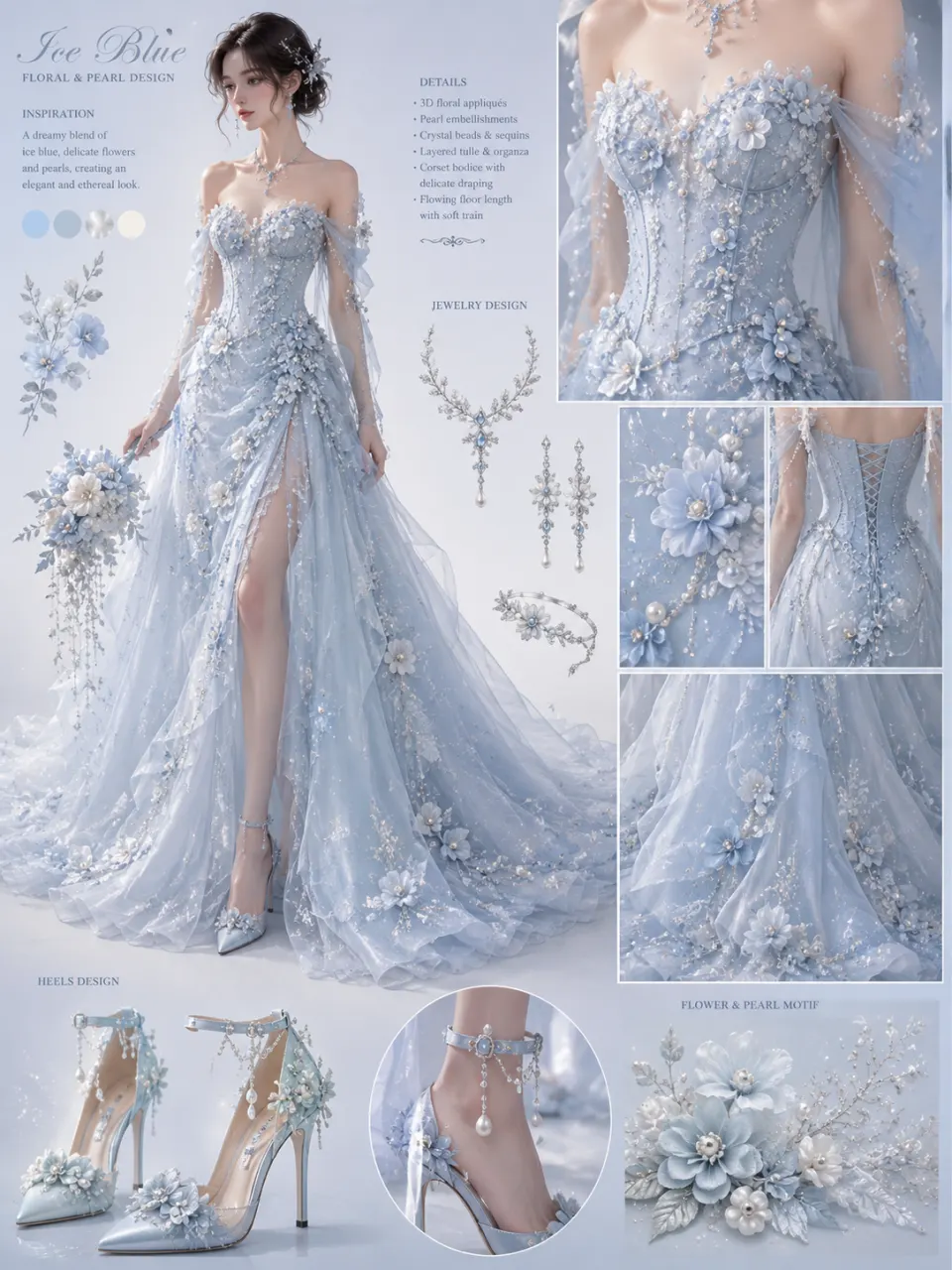 冰蓝花卉珍珠礼服设计图
