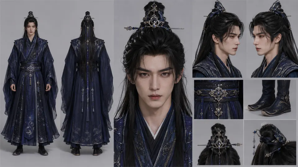 深蓝星纹古风男子角色设定图