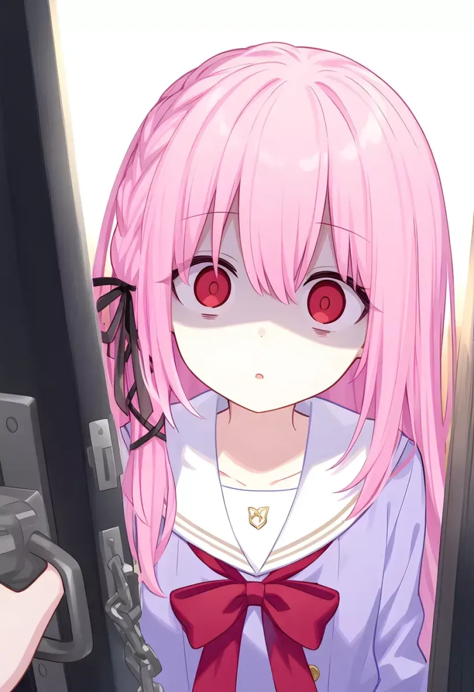 粉发少女门口凝视