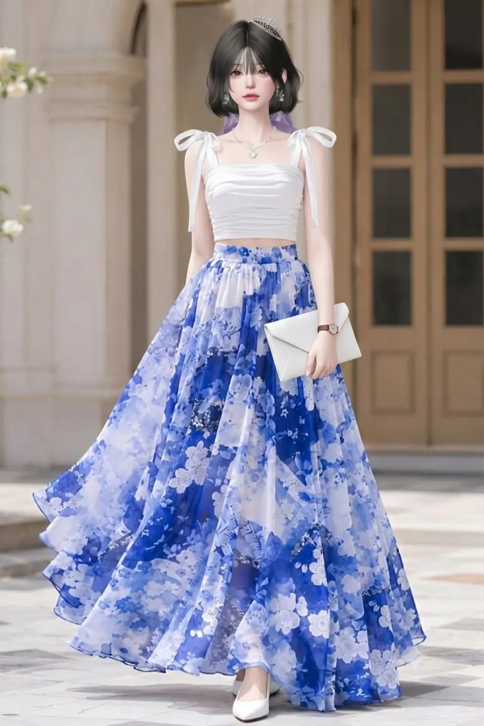 蓝色花裙与白色礼服女性