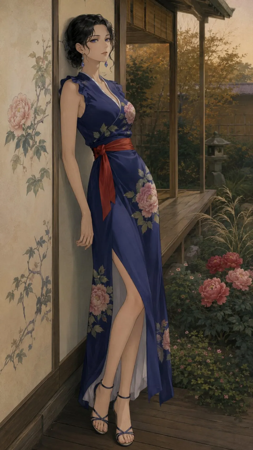 庭院蓝裙仕女