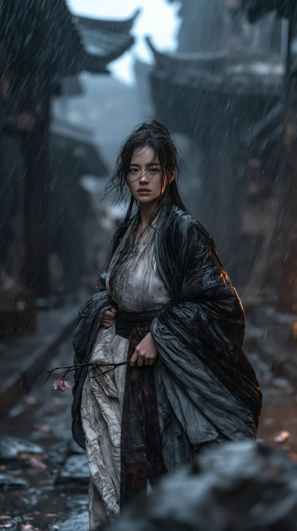 雨巷持花古装女子