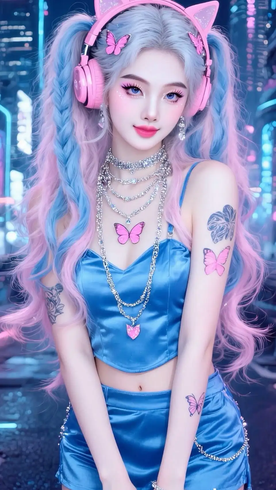 赛博霓虹粉蓝双马尾少女