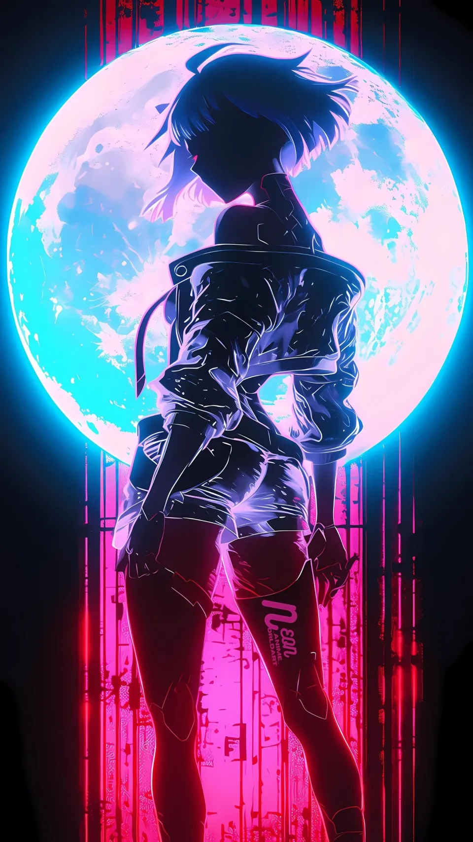 霓虹月夜下的赛博少女剪影
