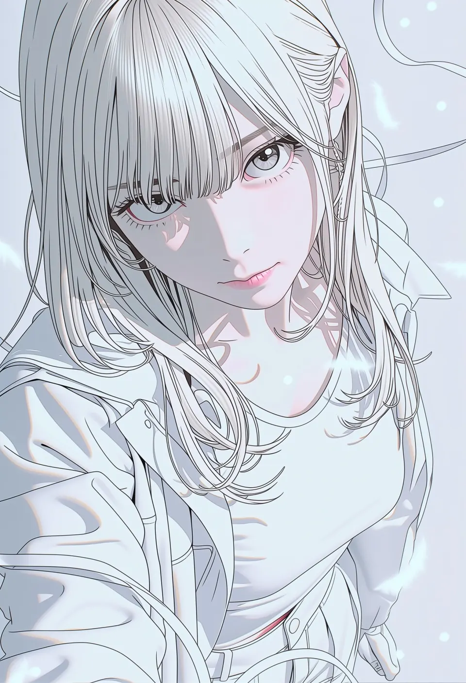 银发少女淡彩线稿插画