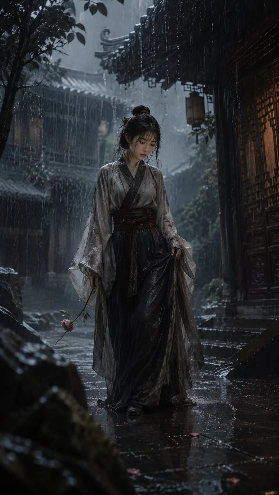雨巷持花古装女子