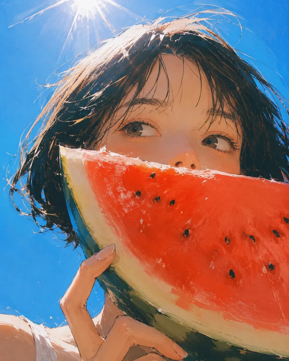 晴空下的西瓜少女