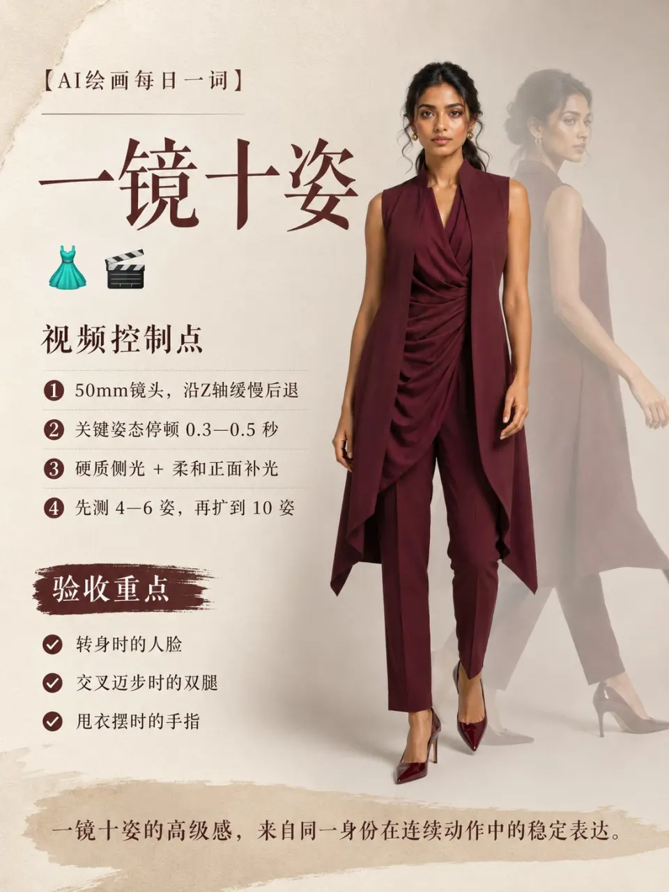 一镜十姿：酒红色套装的动作序列