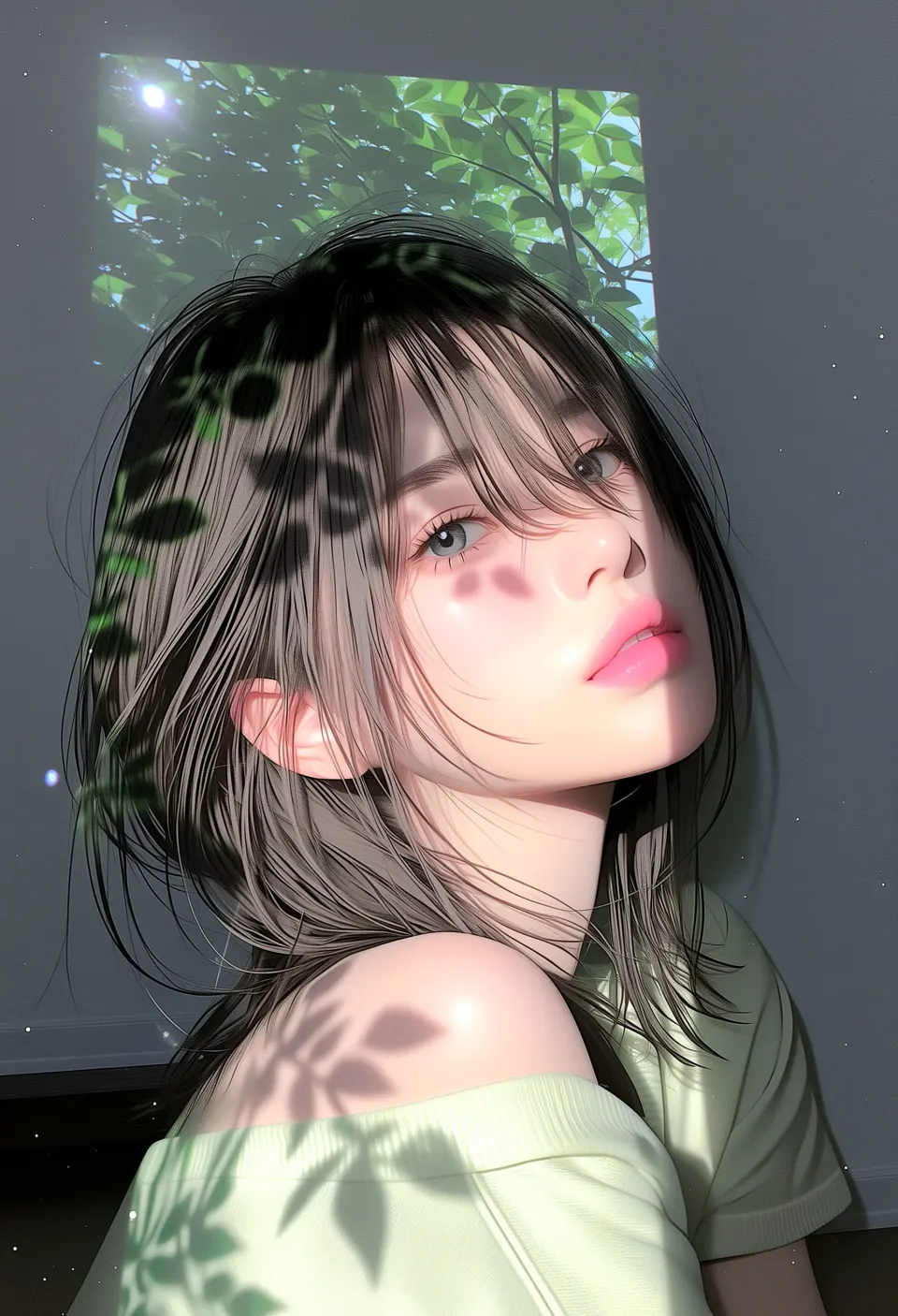 叶影斑驳下的少女肖像