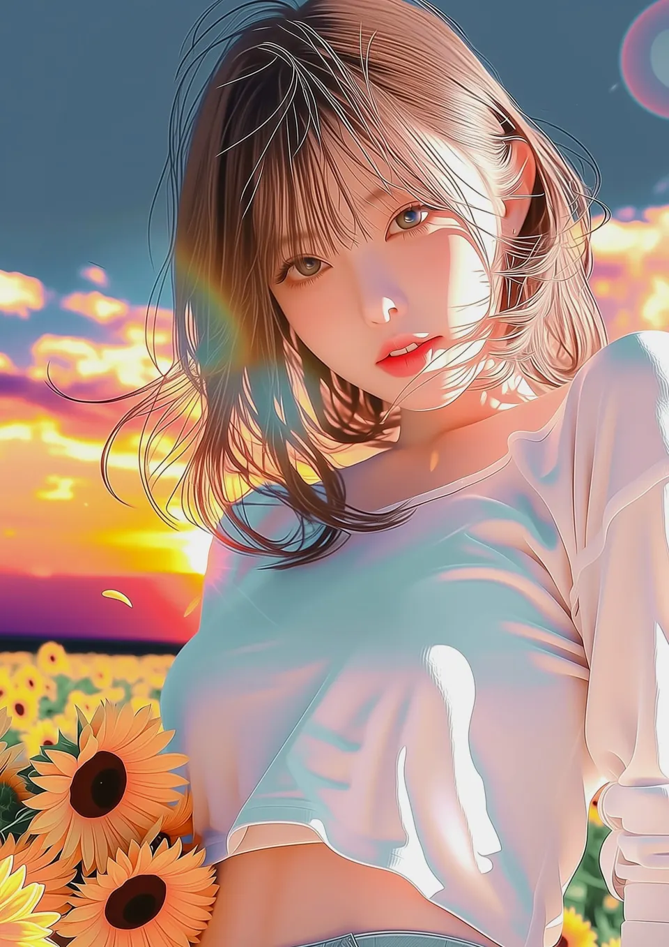 夕阳下的向日葵少女