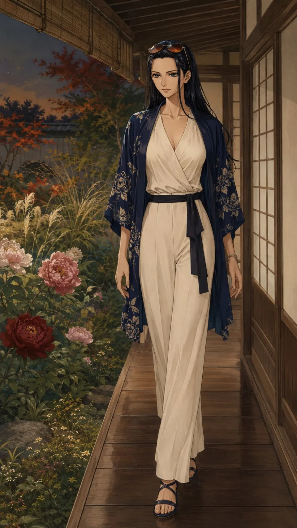 日式庭院漫步的深蓝和服女子